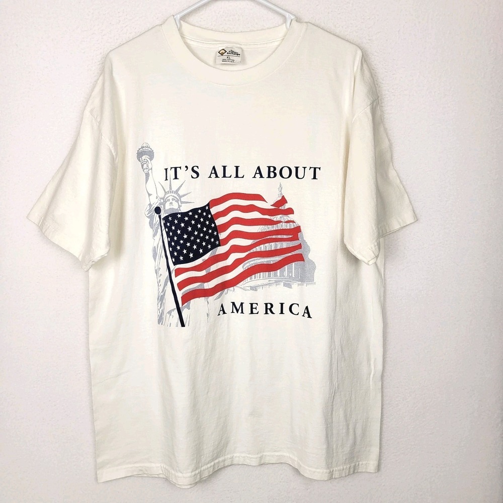 VTG 90s The Cotton Exchange USA Flag Graphic T-Shirt XL White Made USA Americana